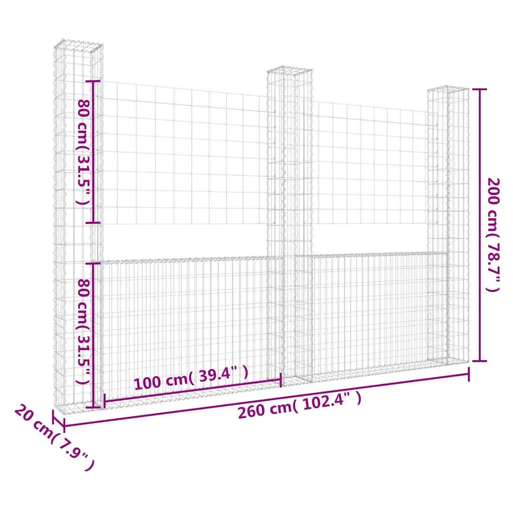 U-Shape Gabion Basket Fence Panel Iron Welded Wire Mesh 260x20x200cm Silver