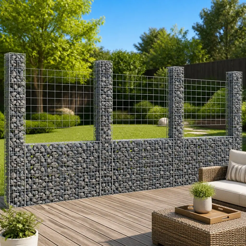 U-Shaped Gabion Basket Panel Iron Silver Garden Retaining Wall with 4 Posts 380x20x200cm