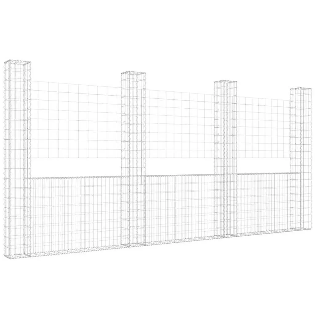 U-Shaped Gabion Basket Panel Iron Silver Garden Retaining Wall with 4 Posts 380x20x200cm