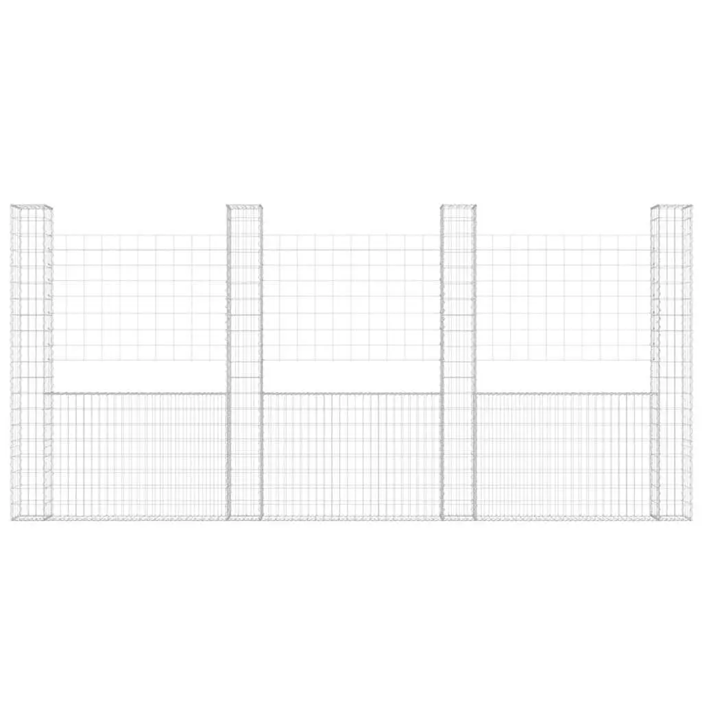 U-Shaped Gabion Basket Panel Iron Silver Garden Retaining Wall with 4 Posts 380x20x200cm