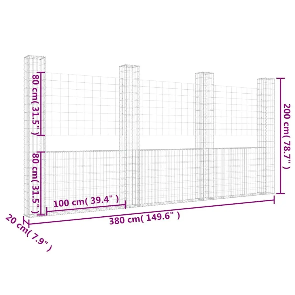 U-Shaped Gabion Basket Panel Iron Silver Garden Retaining Wall with 4 Posts 380x20x200cm