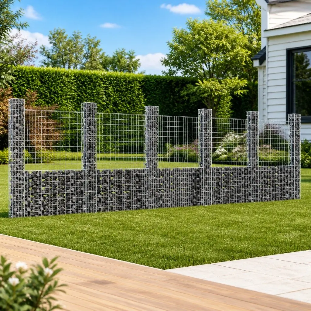 Gabion Basket Fence Panel Iron 620x20x200cm Silver with 6 Posts for Garden Retaining Wall and Outdoor Barrier
