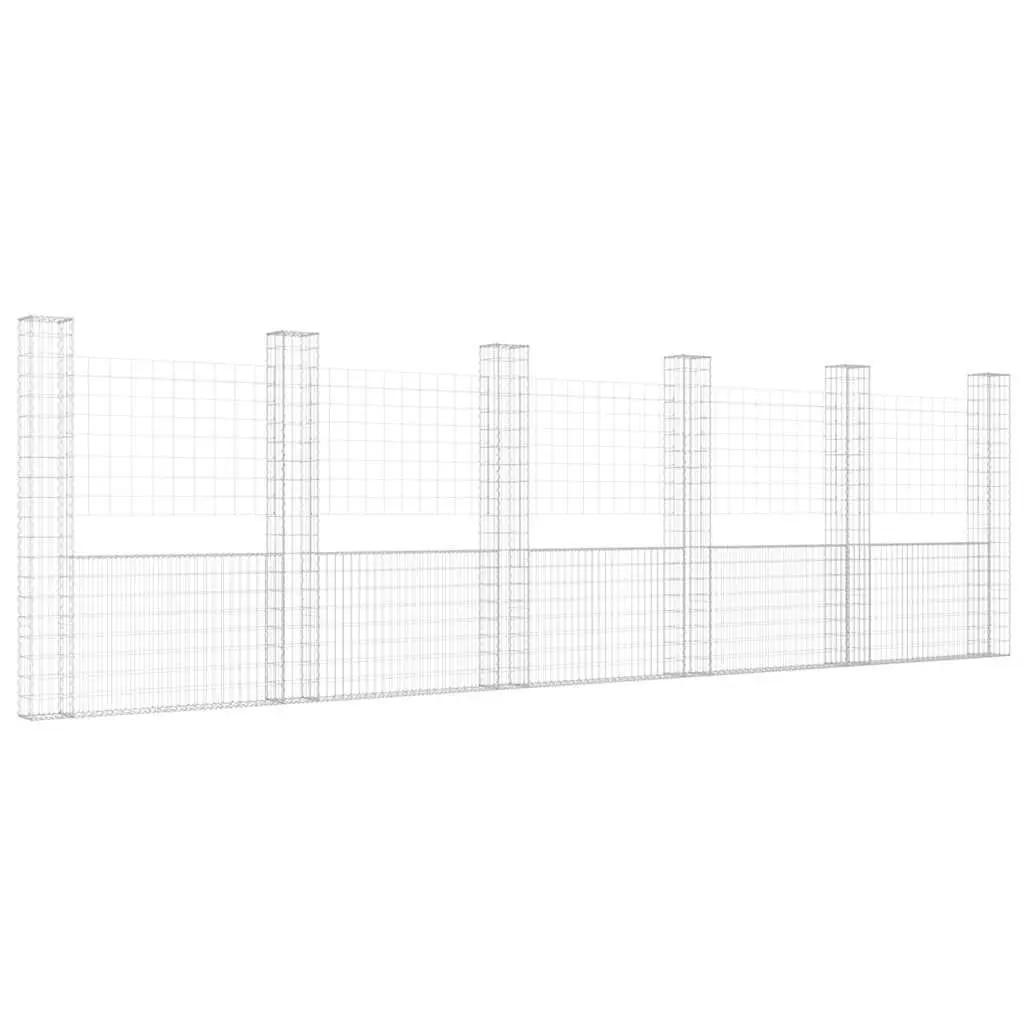 Gabion Basket Fence Panel Iron 620x20x200cm Silver with 6 Posts for Garden Retaining Wall and Outdoor Barrier