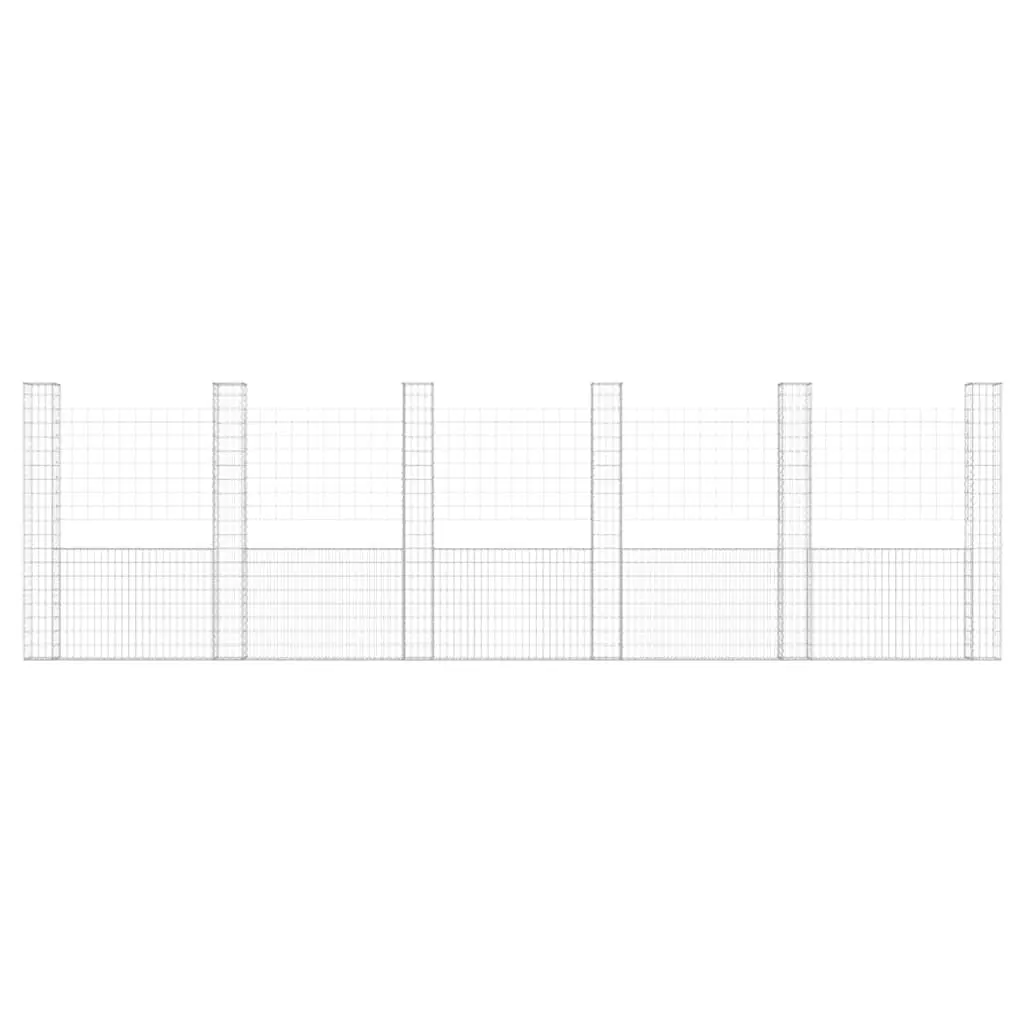 Gabion Basket Fence Panel Iron 620x20x200cm Silver with 6 Posts for Garden Retaining Wall and Outdoor Barrier