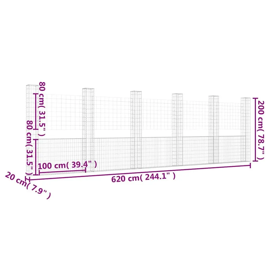 Gabion Basket Fence Panel Iron 620x20x200cm Silver with 6 Posts for Garden Retaining Wall and Outdoor Barrier