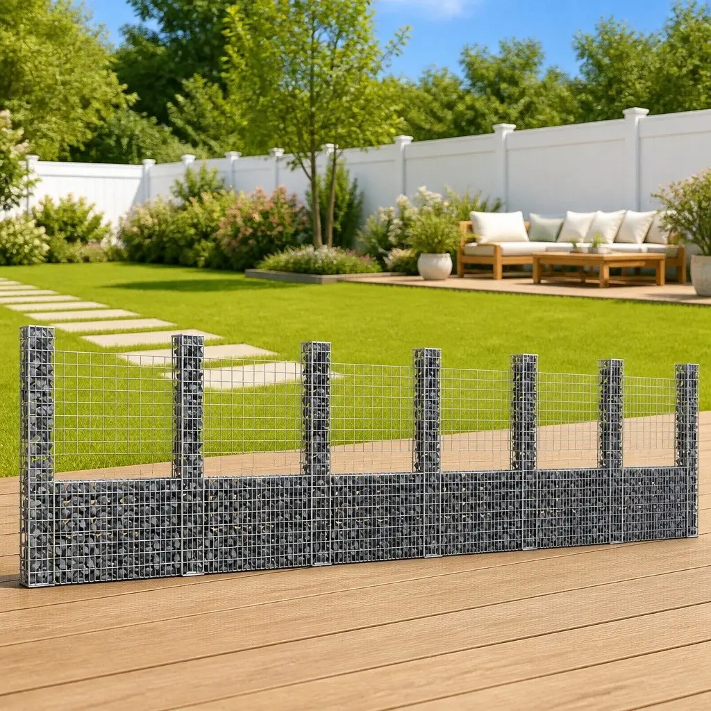 U-Shape Gabion Basket with 7 Posts Retaining Wall Silver 740 x 20 x 200 cm