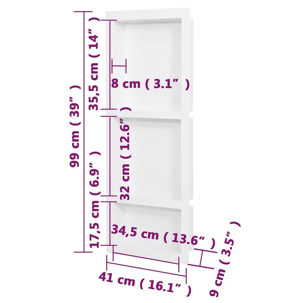 Shower Niche SMC 41 x 99 x 9 cm High Gloss White 3 Compartments Wall Mount Bathroom Storage Shelf