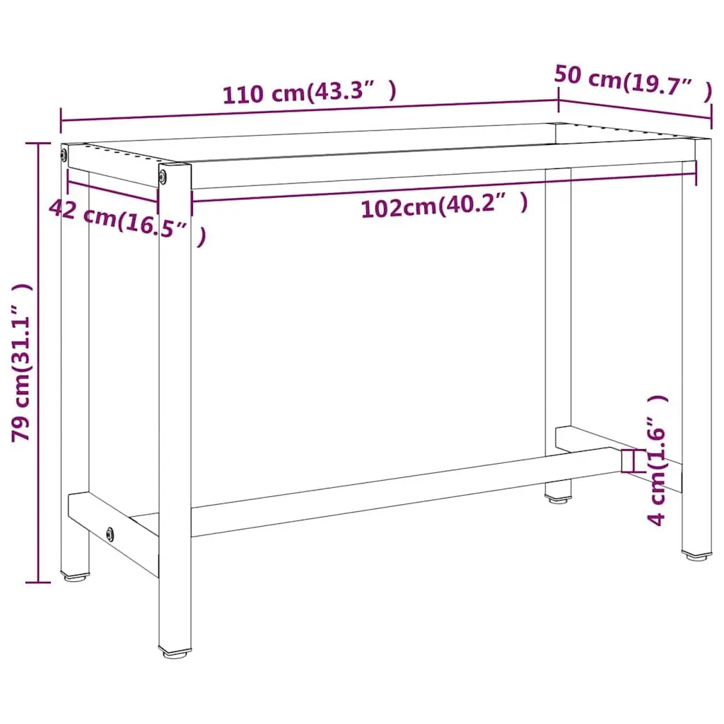 Heavy Duty Workbench Frame Metal Construction 110x50x79cm Black Powder Coated Legs