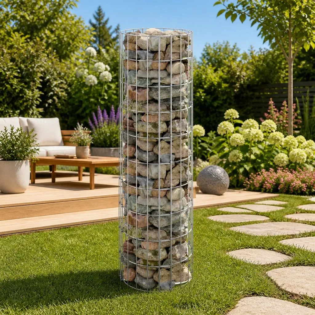 Circular Gabion Pole Galvanised Steel 30 cm Diameter 100 cm Height Silver Garden Fence Barrier Border Patio Planter
