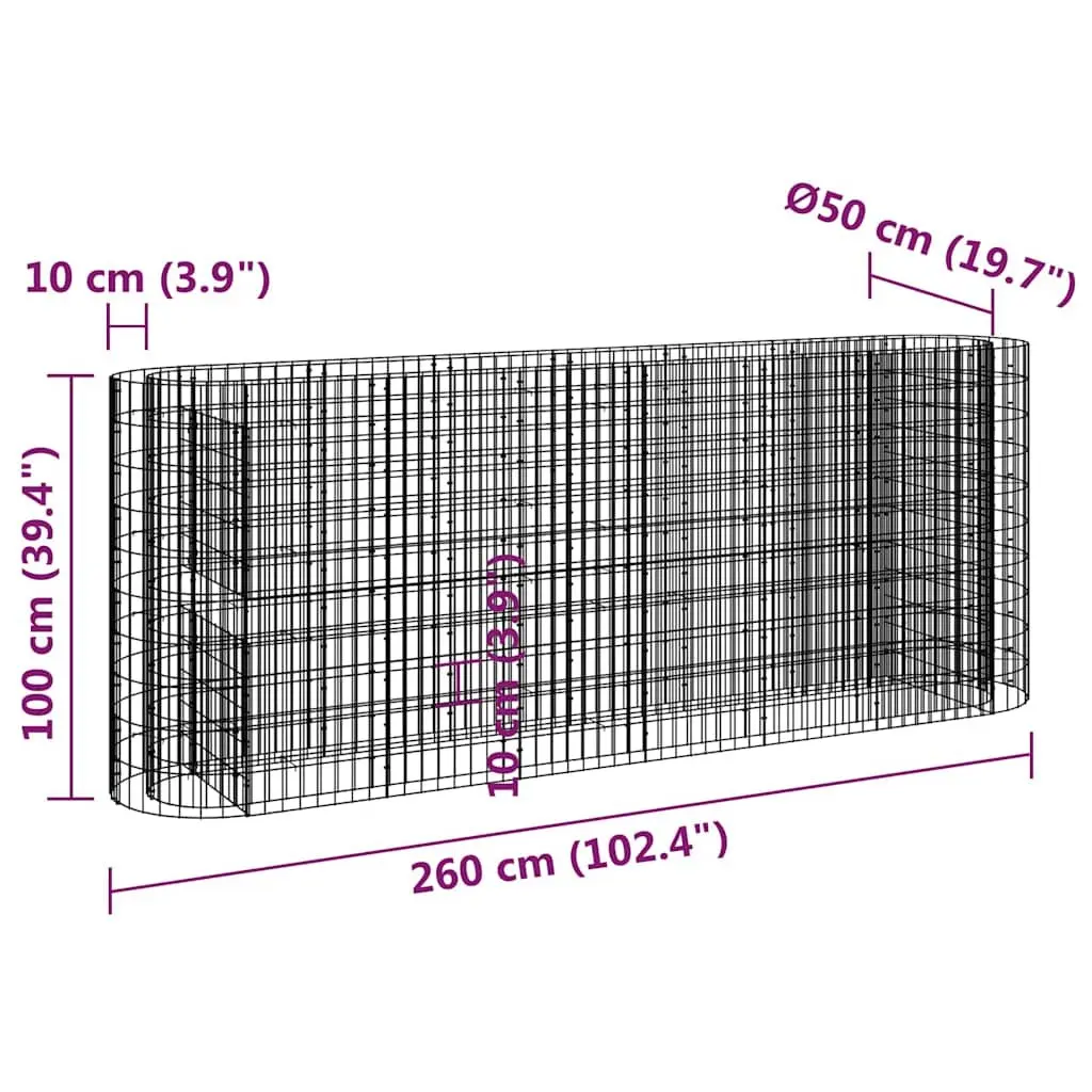 Gabion Raised Bed Galvanised Iron 260 x 50 x 100 cm Silver Garden Planter