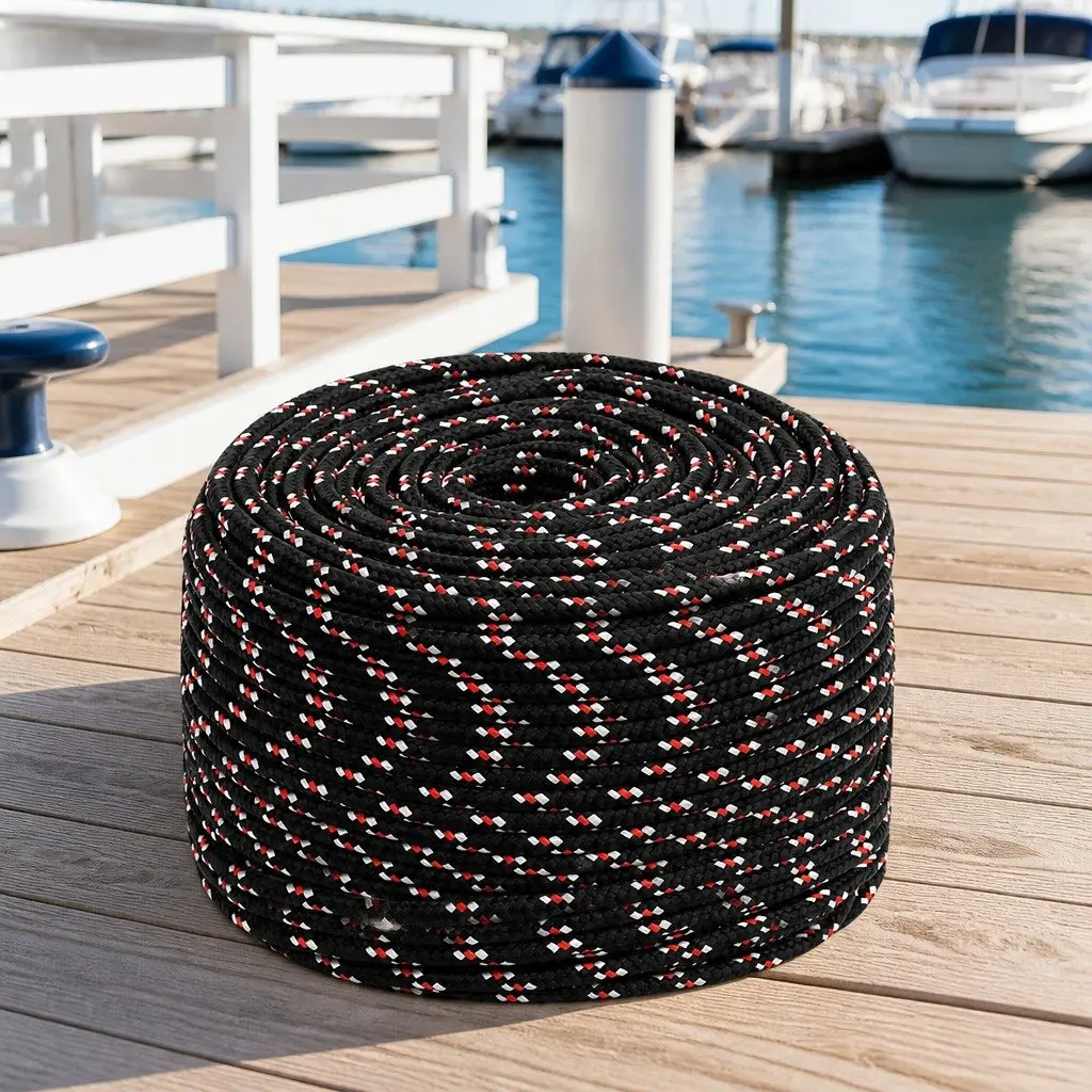 Boat Rope 25m Braided Polypropylene 10mm Black Marine Dock Line for Sailing and Rigging