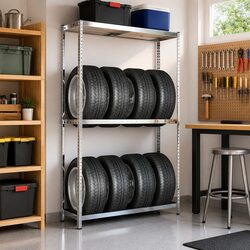 2-Layer Industrial Tire Rack Storage Shelf Silver Steel 110x40x180cm Garage