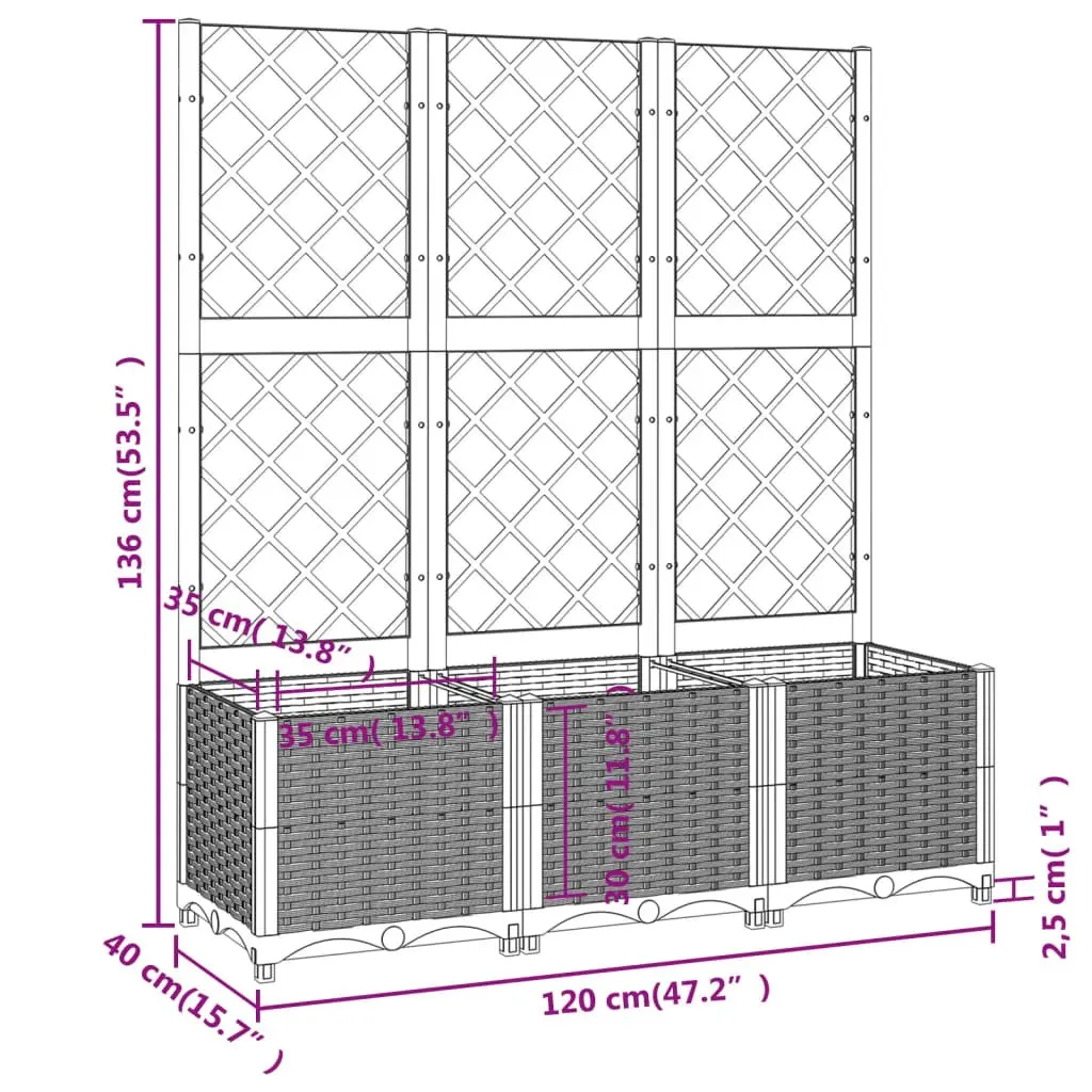 Garden Planter Polypropylene Grey 120x40x136cm with Integrated Trellis for Climbing Plants