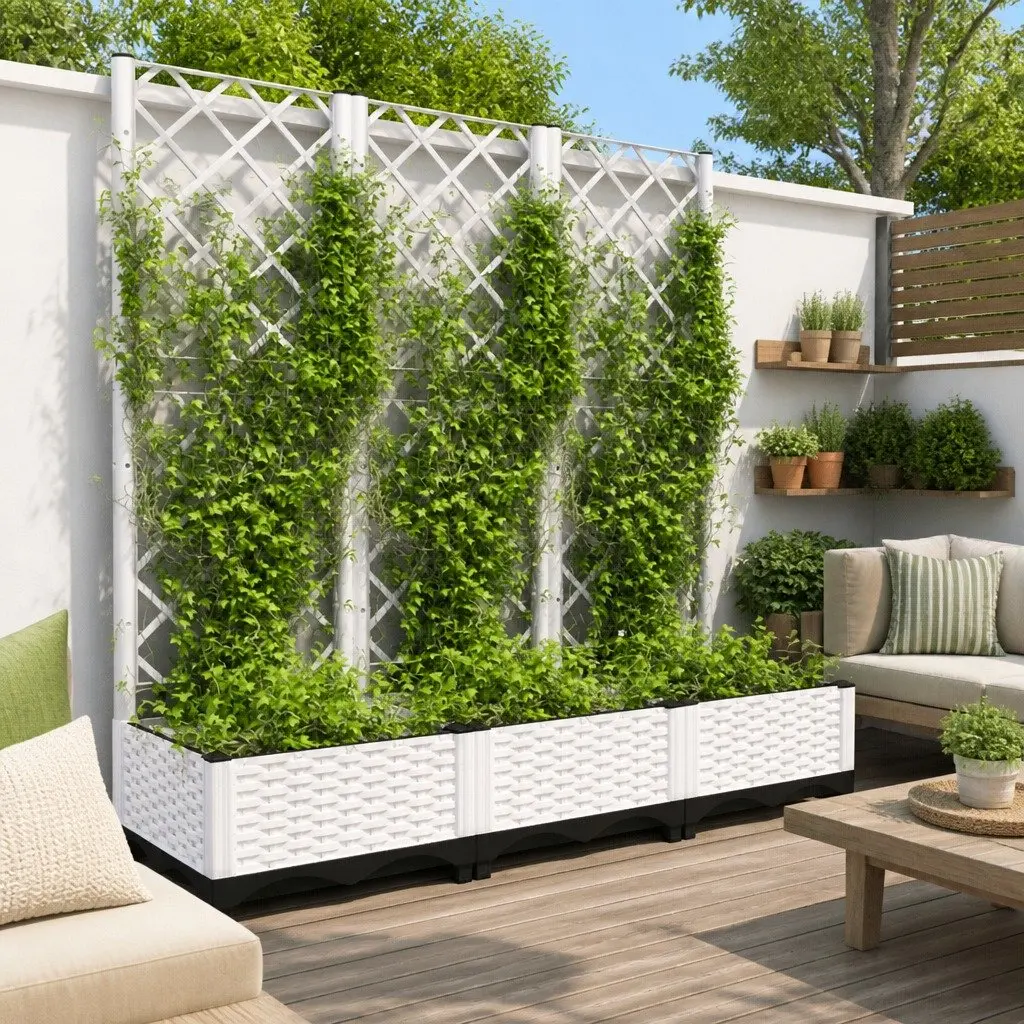 Garden Planter Polypropylene 120 x 40 x 121.5 cm White with Trellis for Climbing Plants