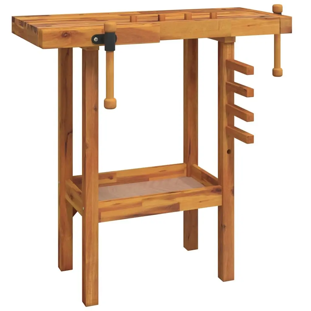 Workbench Solid Acacia Wood Brown 92x48x83 cm with Vices and Shelf for Garage or Workshop