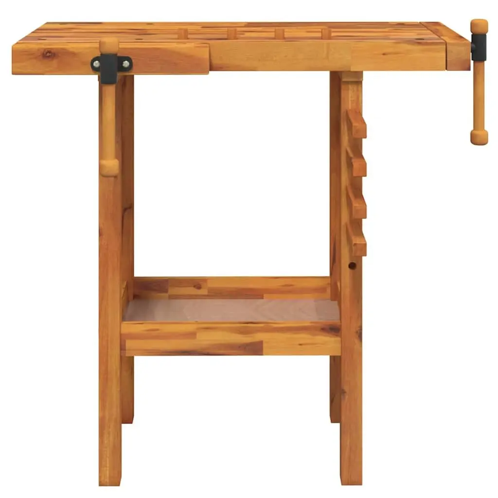 Workbench Solid Acacia Wood Brown 92x48x83 cm with Vices and Shelf for Garage or Workshop