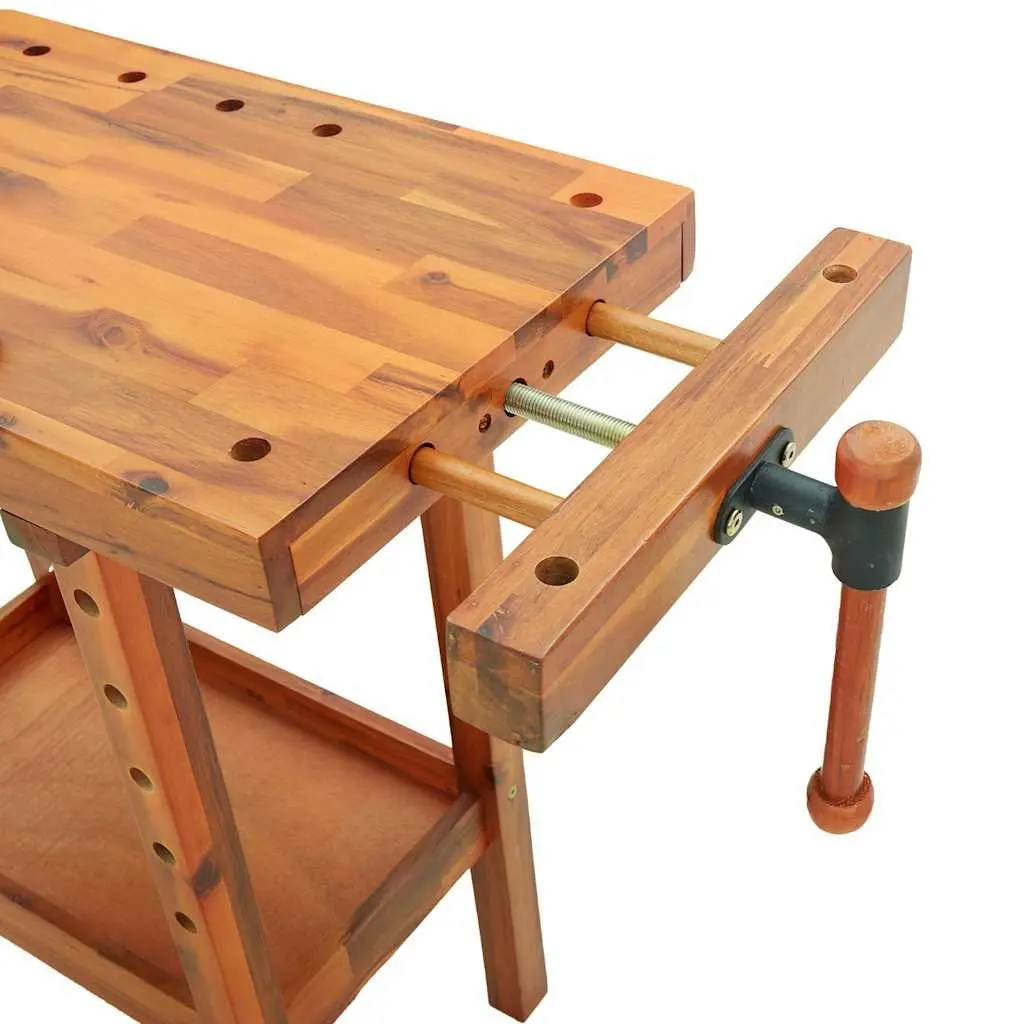 Workbench Solid Acacia Wood Brown 92x48x83 cm with Vices and Shelf for Garage or Workshop