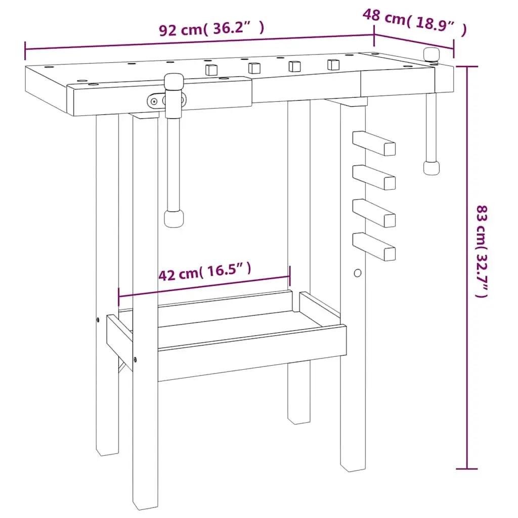 Workbench Solid Acacia Wood Brown 92x48x83 cm with Vices and Shelf for Garage or Workshop