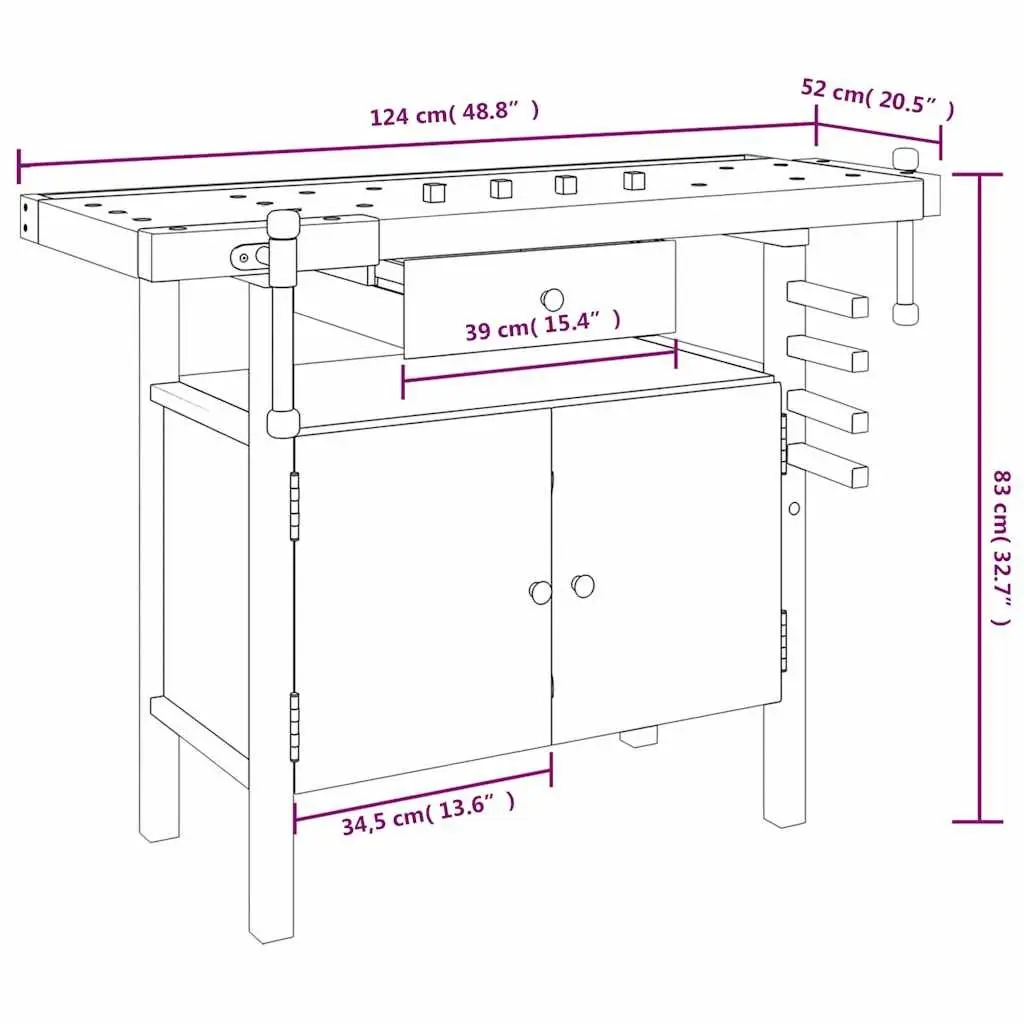 Wooden Workbench Solid Acacia Wood with Drawer and Storage Compartment 124x52x83cm Brown