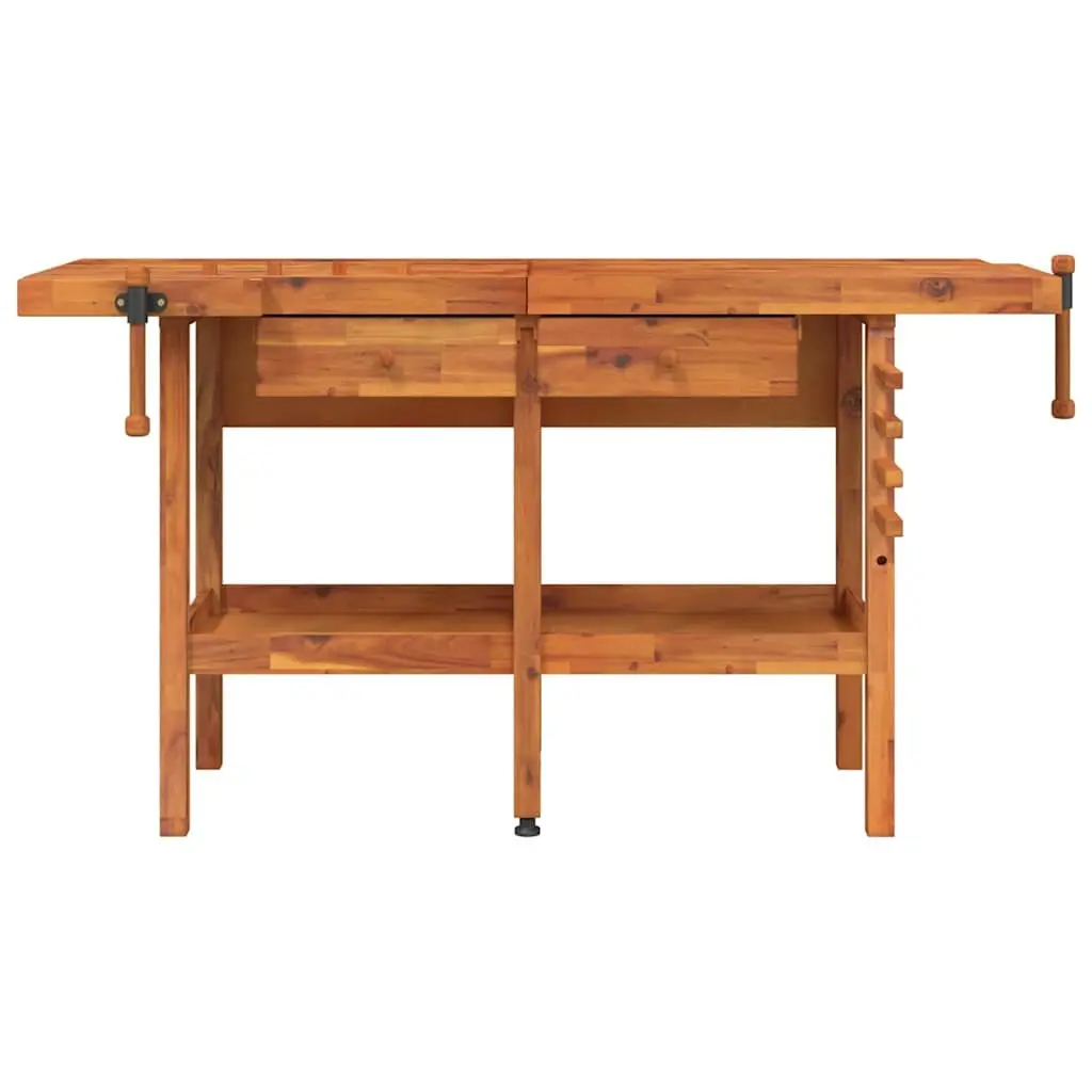 Solid Wood Workbench Acacia Wood 162x62x83cm Brown with 2 Drawers Shelf and Dual Vices