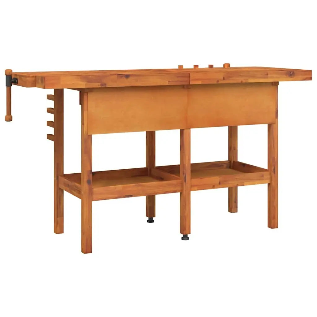 Solid Wood Workbench Acacia Wood 162x62x83cm Brown with 2 Drawers Shelf and Dual Vices