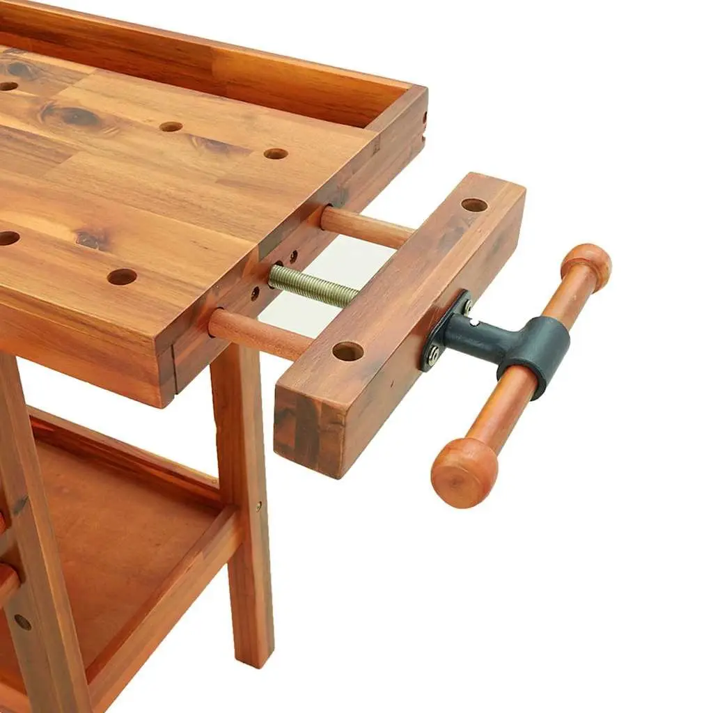 Solid Wood Workbench Acacia Wood 162x62x83cm Brown with 2 Drawers Shelf and Dual Vices