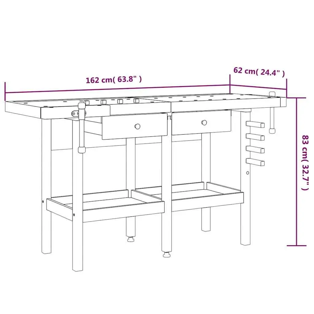 Solid Wood Workbench Acacia Wood 162x62x83cm Brown with 2 Drawers Shelf and Dual Vices