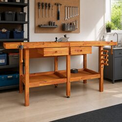 Solid Wood Workbench with Drawers Storage Shelf Double Vice Garage Workshop