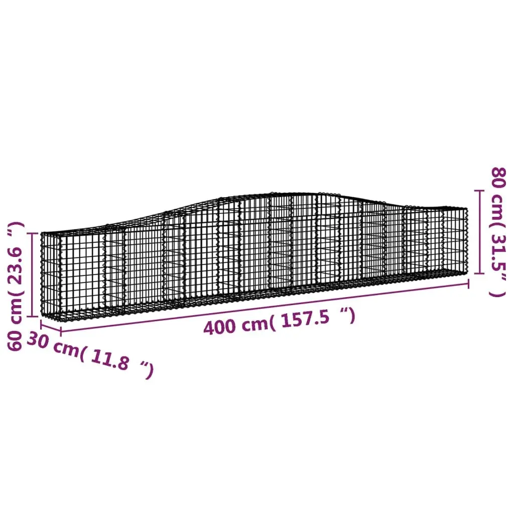Gabion Basket Garden Barrier Arched Galvanised Iron 400 x 30 x 60/80 cm Silver