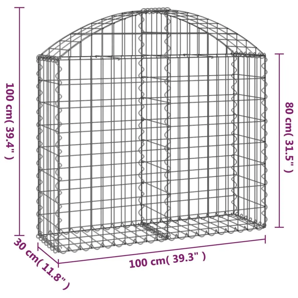 Gabion Basket Arched Galvanised Iron 100 x 30 x 80/100 cm Silver Outdoor Garden Barrier Retaining Wall