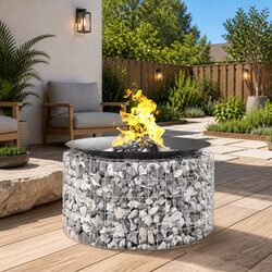 Gabion Fire Pit Round Ø 100 cm Galvanised Iron Garden Patio Fireplace Outdoor