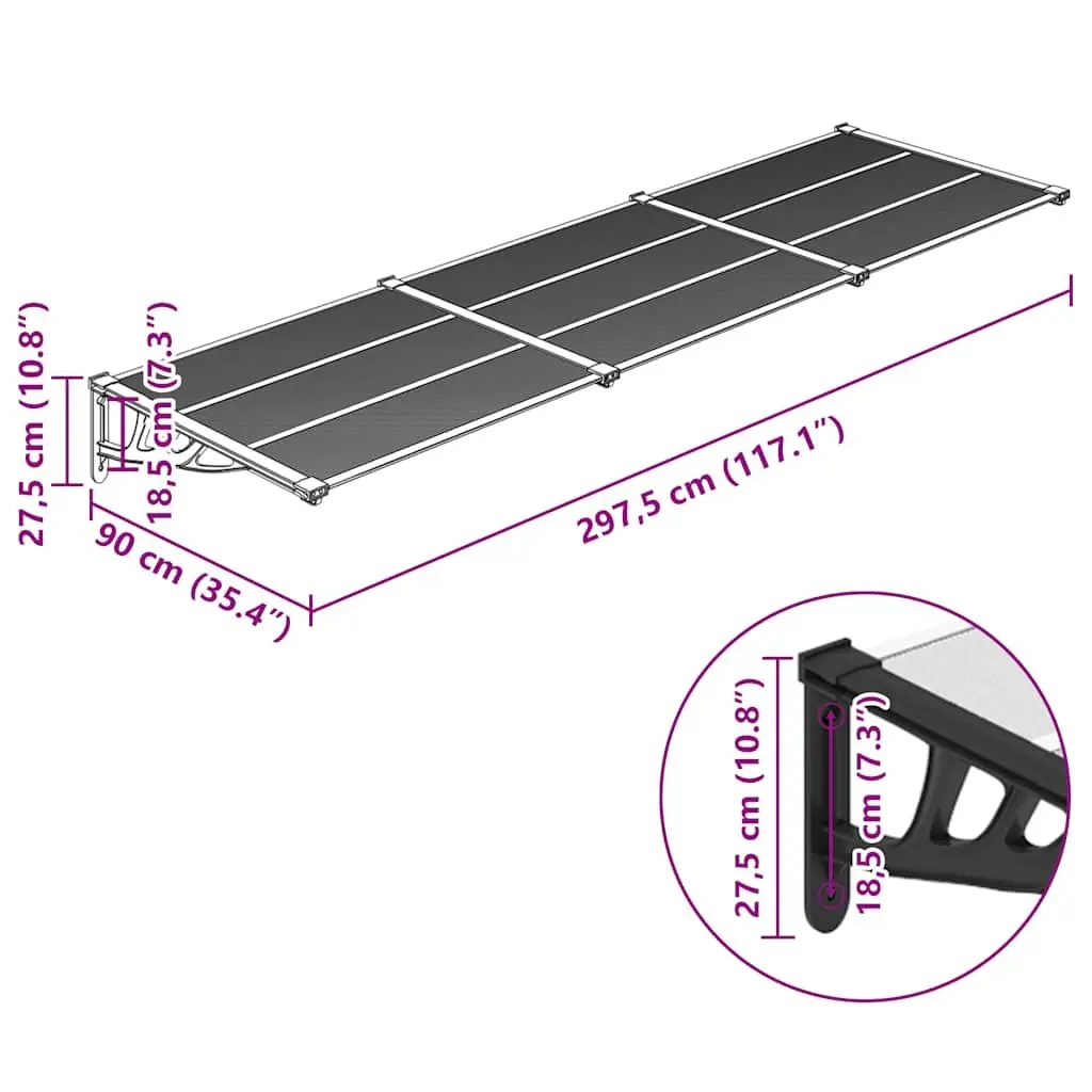 Door Canopy Weather Resistant Polycarbonate Black Transparent 297.5x90cm Outdoor Awning for Entryway