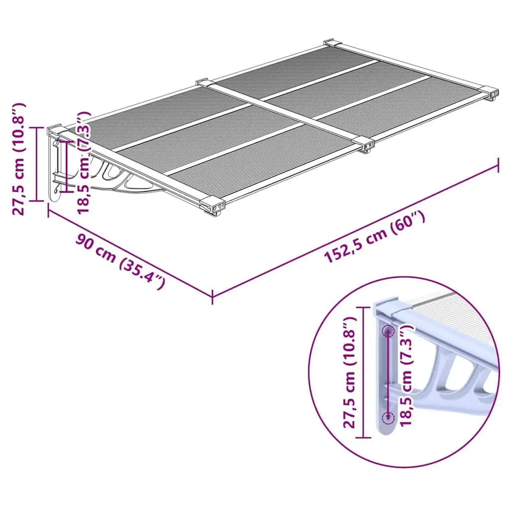 Polycarbonate Door Canopy 152.5x90cm Grey Transparent Outdoor Awning Weather Protection