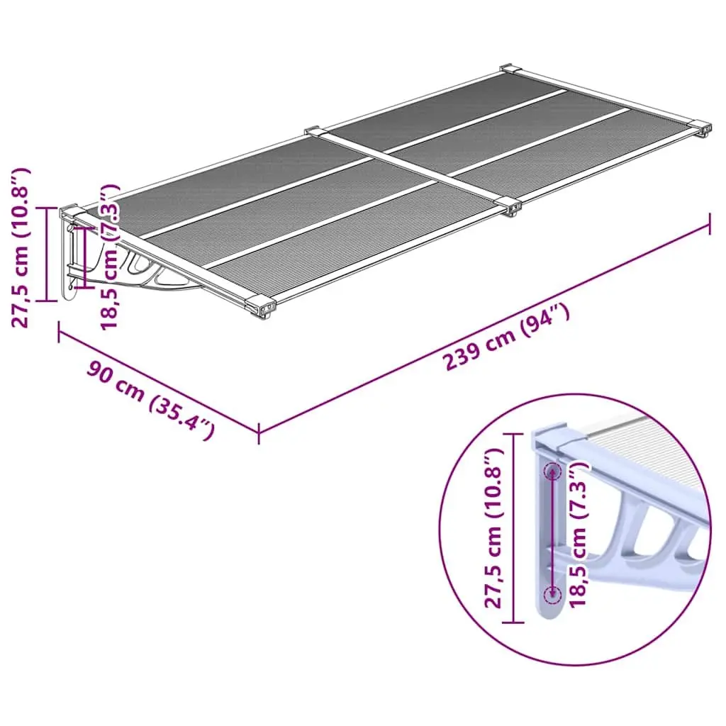 Door Canopy Shelter Polycarbonate Grey Transparent 239x90cm Awning