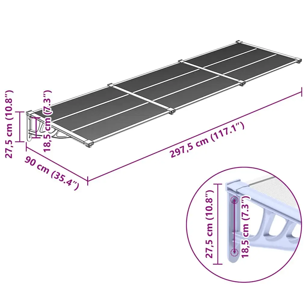 Door Canopy Polycarbonate Transparent 297.5x90 cm Grey Outdoor Awning