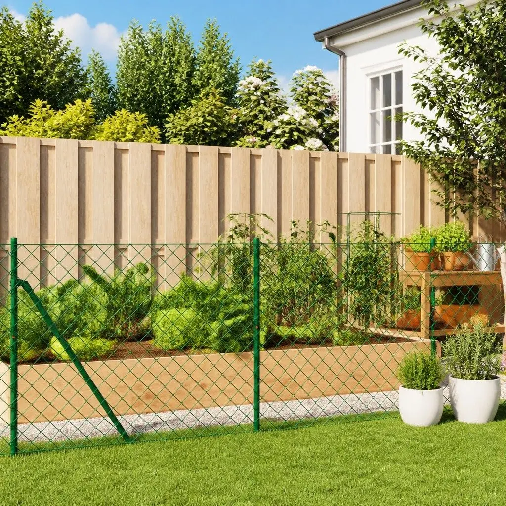Green Chain Link Fence 1x25m Durable Steel with PVC Coating for Outdoor Garden Yard Barrier with Spike Anchors