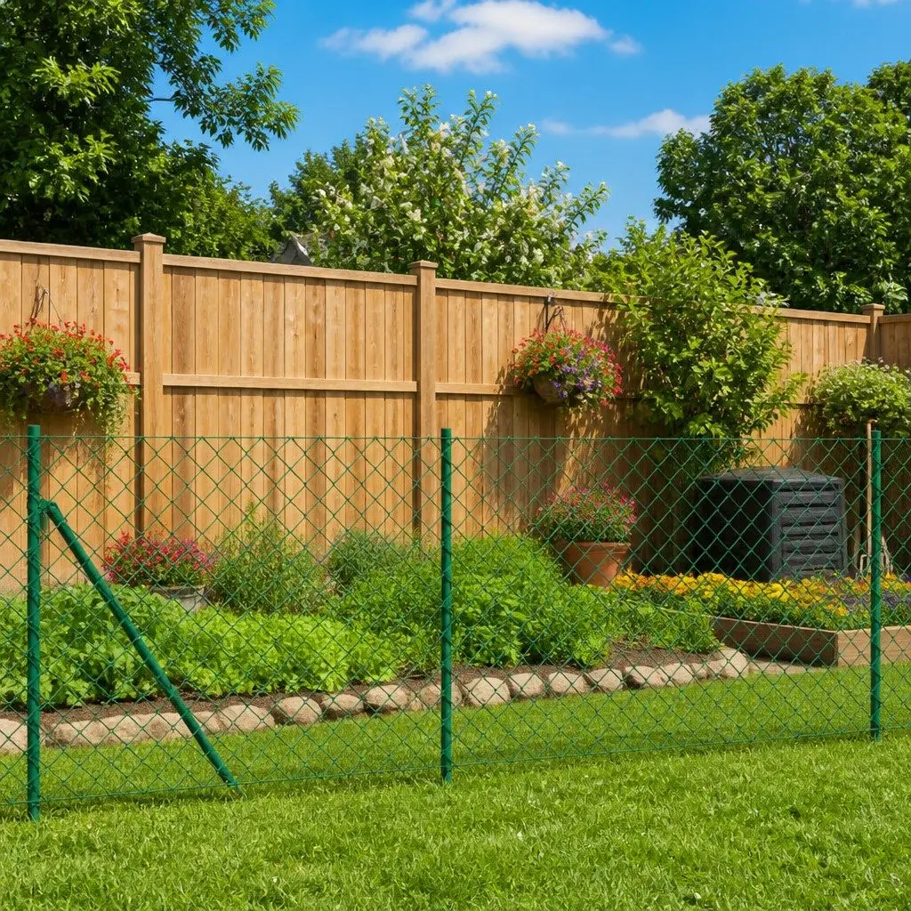 Chain Link Fence Green Galvanised Steel Wire Mesh with Floor Flange 0.8 x 25 m Outdoor Durable Construction