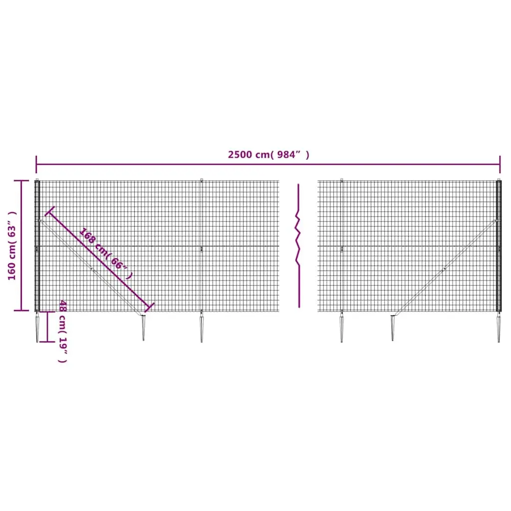 Garden Barrier Wire Mesh Fence Panel Anthracite Durable Steel Construction 1.6m x 25m with Spike Anchors