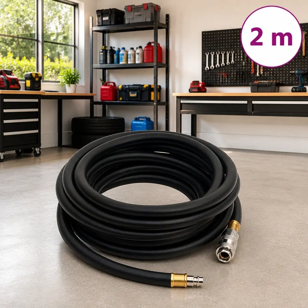 Hybrid Air Hose 2M Flexible Rubber PVC Black 3/8 Inch BSPT Quick Coupler for Pneumatic Tools and Air Compressors