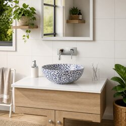 Ceramic Countertop Basin Round White Blue Bathroom Vessel Sink Φ41cm