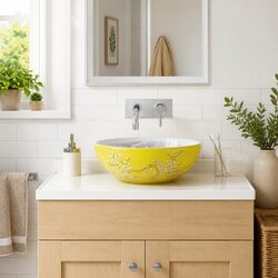 Round Countertop Basin Ceramic Bathroom Sink White Yellow Vessel Φ41x14 cm