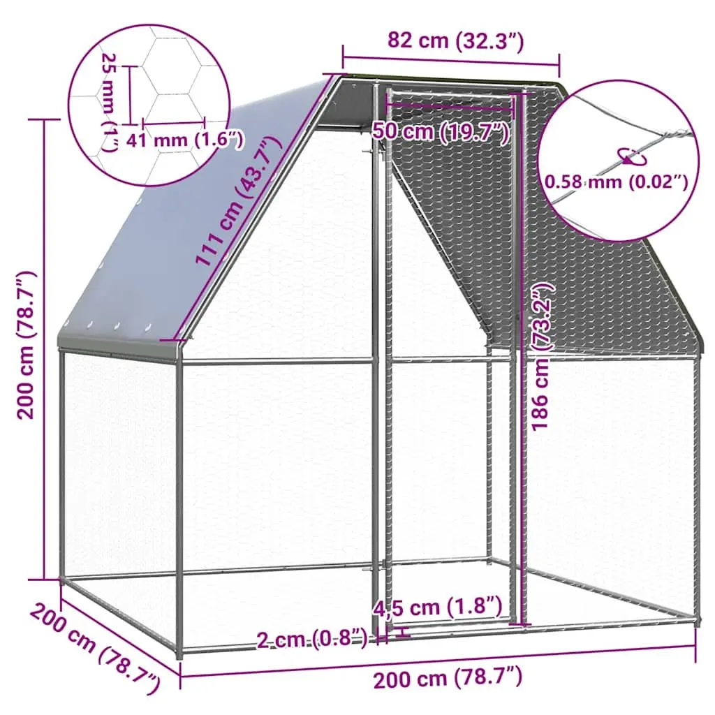 Chicken Cage Galvanised Steel 2x2x2 m Silver and Grey Walk In Coop Run Hen House Rabbit