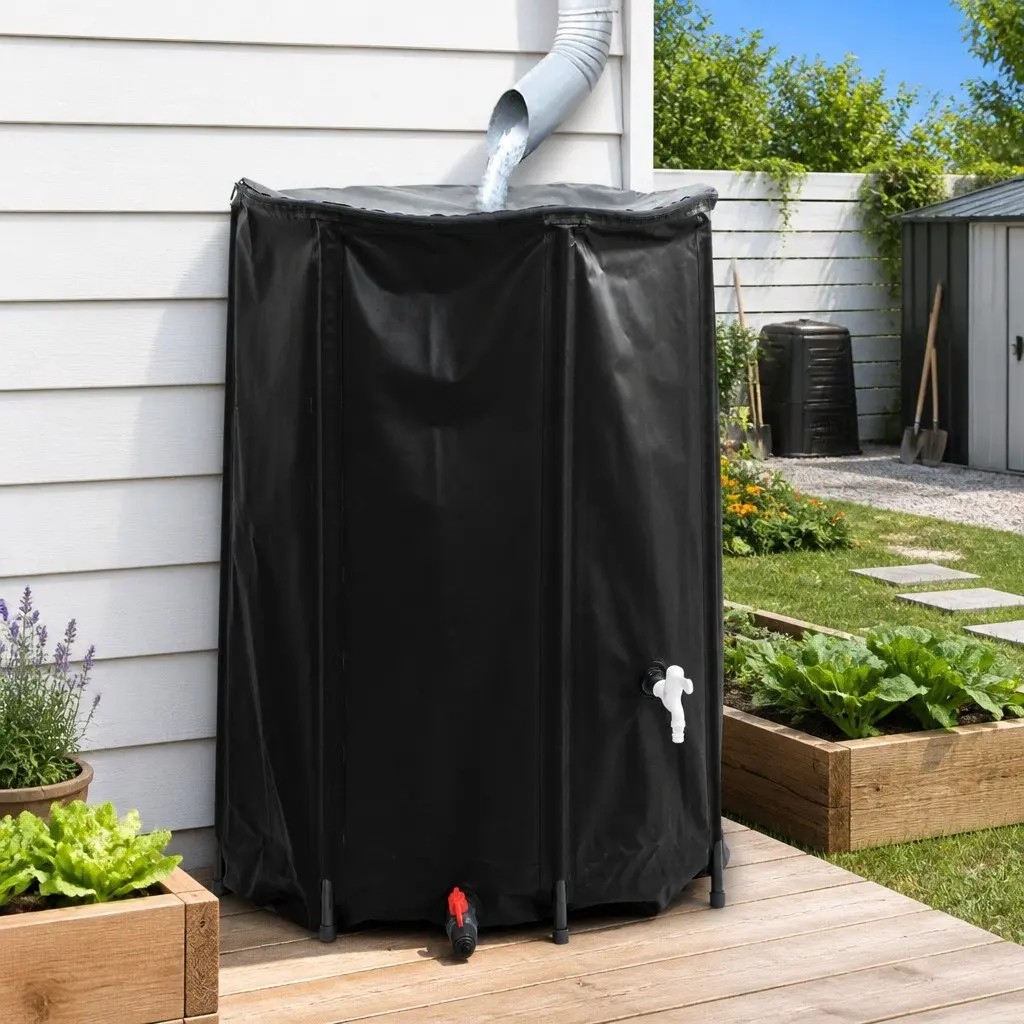 Collapsible Water Tank PVC 1350L Foldable Black with Tap for Garden Rainwater Storage