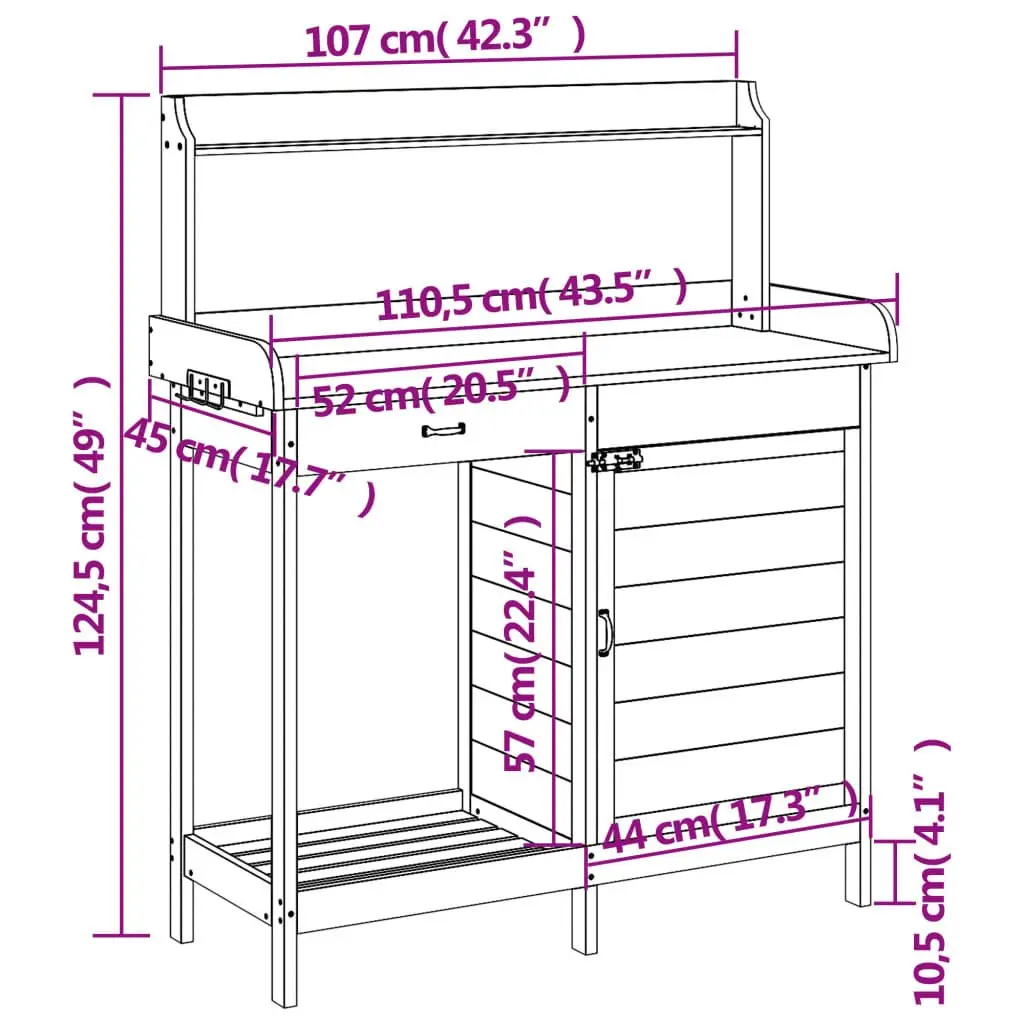 Potting Table Solid Fir Wood Brown 110.5x45x124.5 cm with Cabinet and Storage