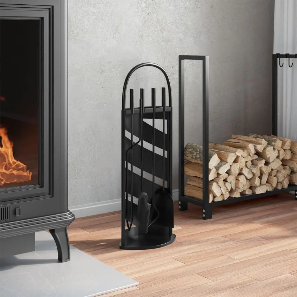 Fireplace Tool Set 5 Piece Steel Black Poker Brush Shovel Rack Stand Home