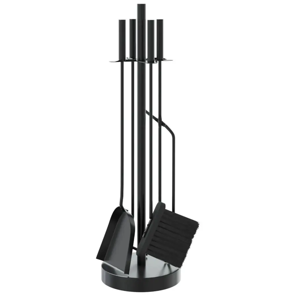 Fireplace Tool Set Steel Black 5 Piece Poker Rack Broom Shovel Pliers Hook Stand