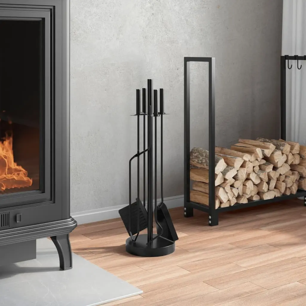 Fireplace Tool Set Steel Black 5 Piece Poker Rack Broom Shovel Pliers Hook Stand