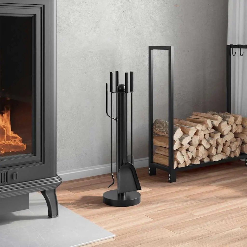 5 Piece Fireplace Tool Set Black Steel with Stand Poker Shovel Broom Brush