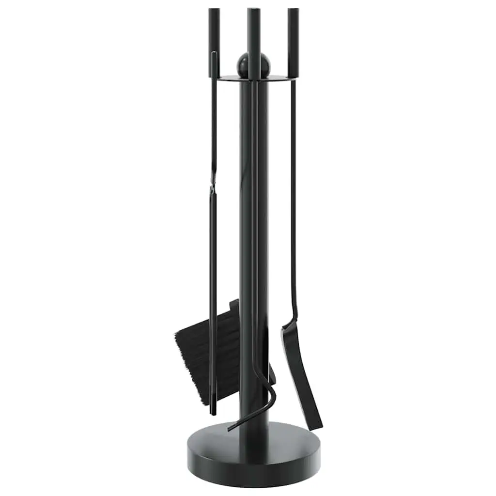 5 Piece Fireplace Tool Set Black Steel with Stand Poker Shovel Broom Brush
