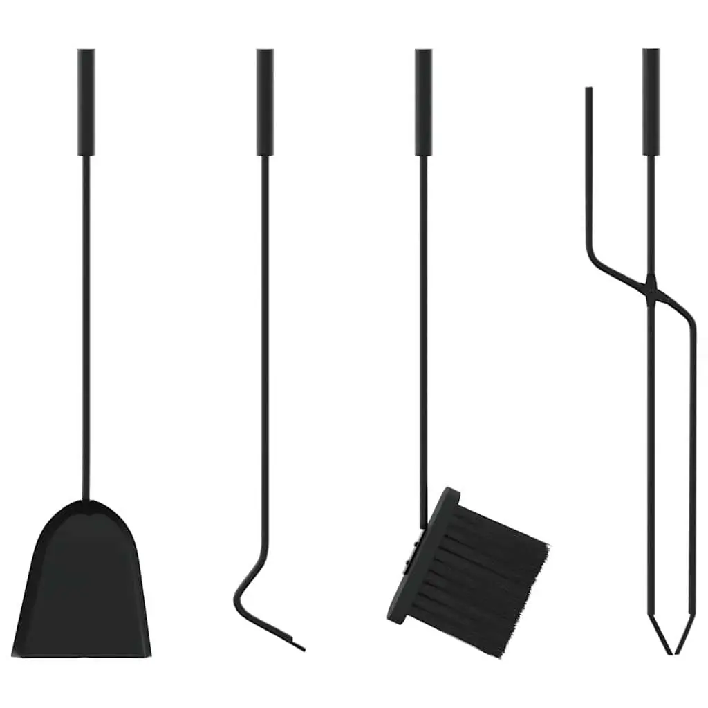 5 Piece Fireplace Tool Set Black Steel with Stand Poker Shovel Broom Brush